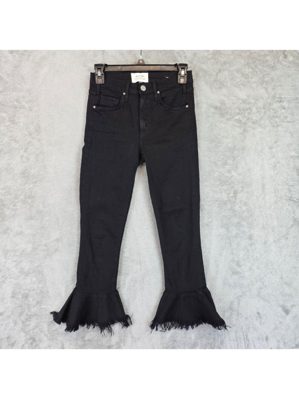 McGuire Flare Jeans Womens 26 Black Dark Wash Mid Rise Fringe Crop Stretch Denim